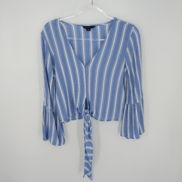 American Eagle Outfitters Tops - AEO Blue Striped Bell Sleeve Tie Front Top Sz M